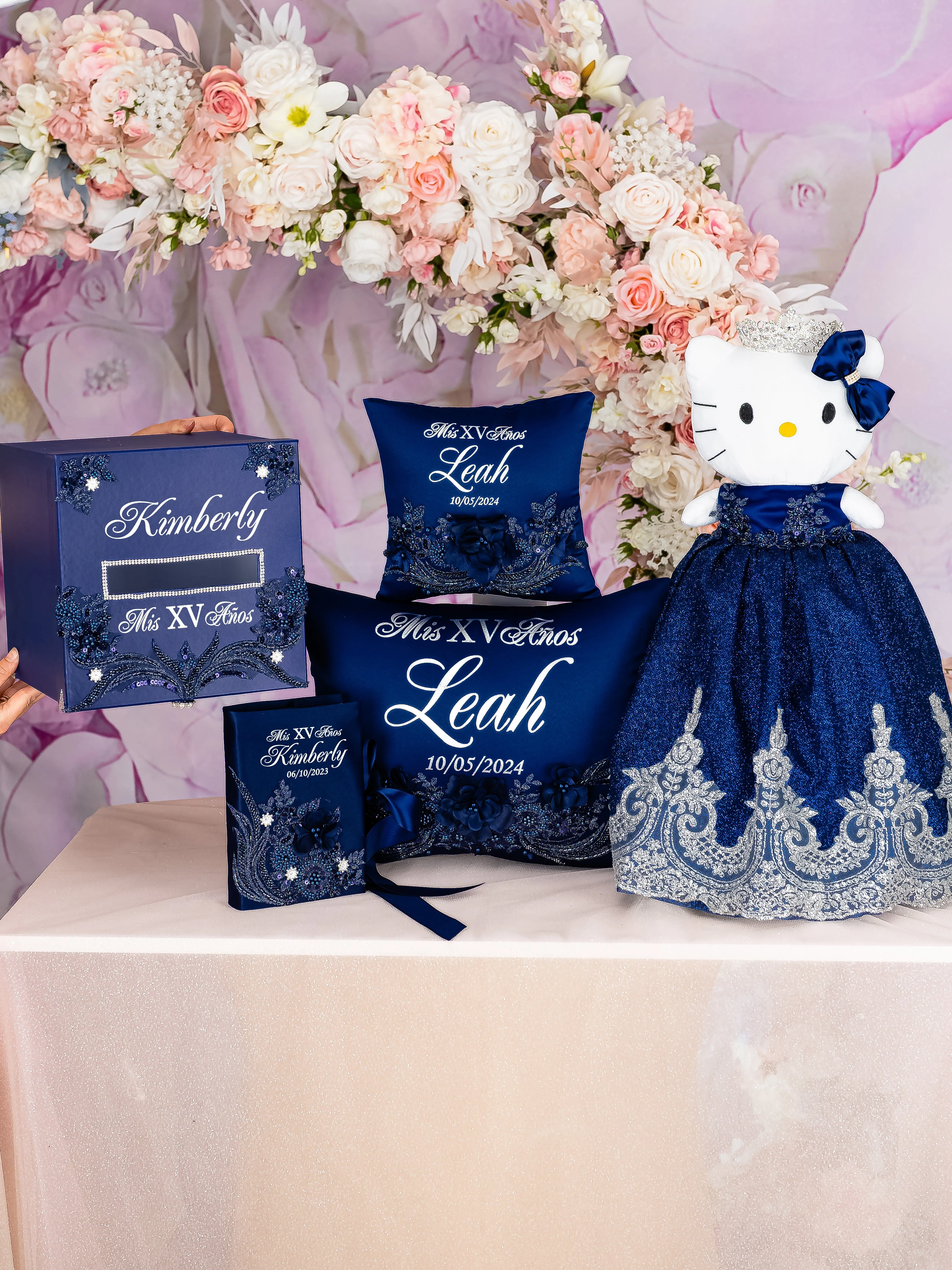 Navy Blue with silver Quinceanera package of Money Card Box, Bible, pillows set and Kitty