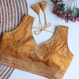 Orange Full Embroidery Monsoon Silk Blouse with Golden Sequin Design