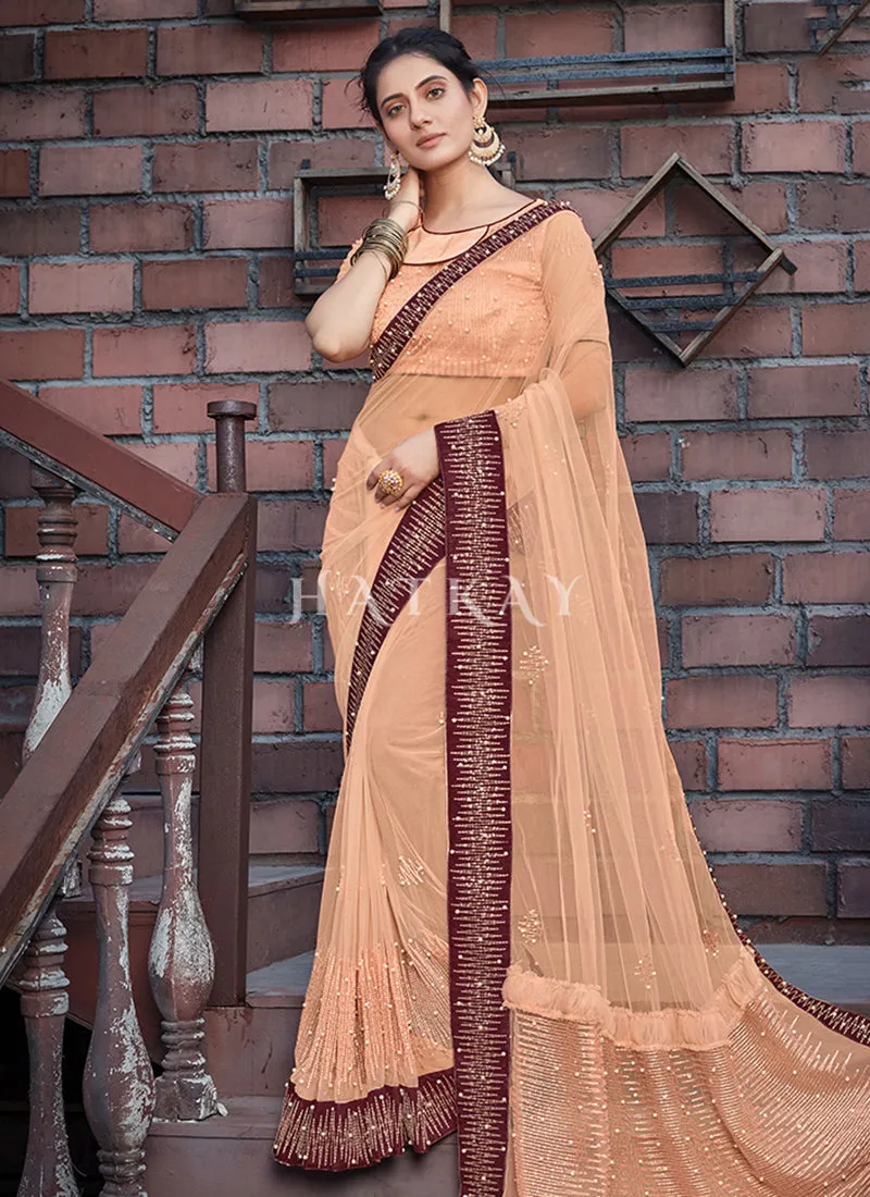 Pastel Orange Traditional Net Saree