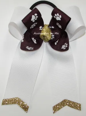 Paw Print Maroon White Gold Glitter Hair Bow