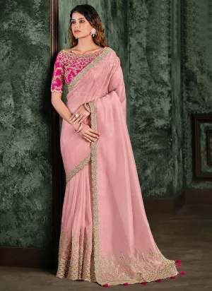 Pink Dual Tone Zari Embroidered Designer Saree