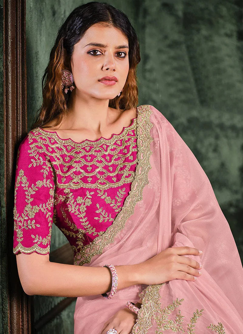 Pink Dual Tone Zari Embroidered Designer Saree