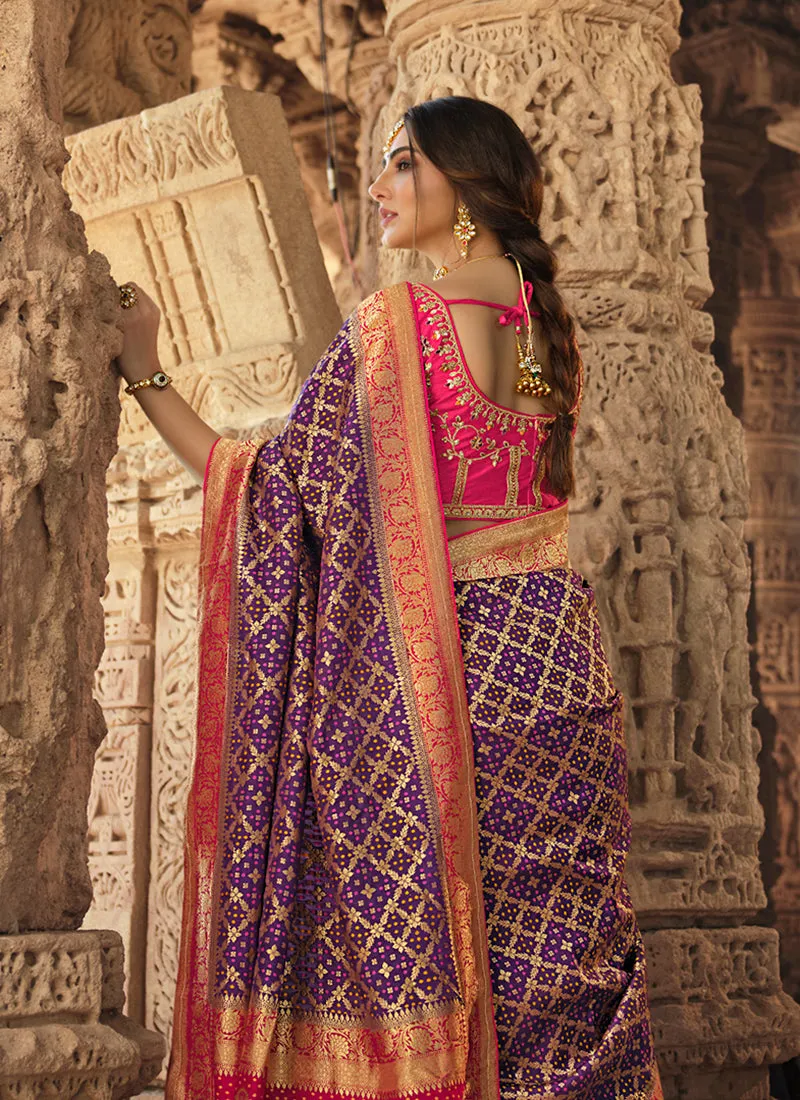 Purple And Pink Traditional Embroidered Silk Saree