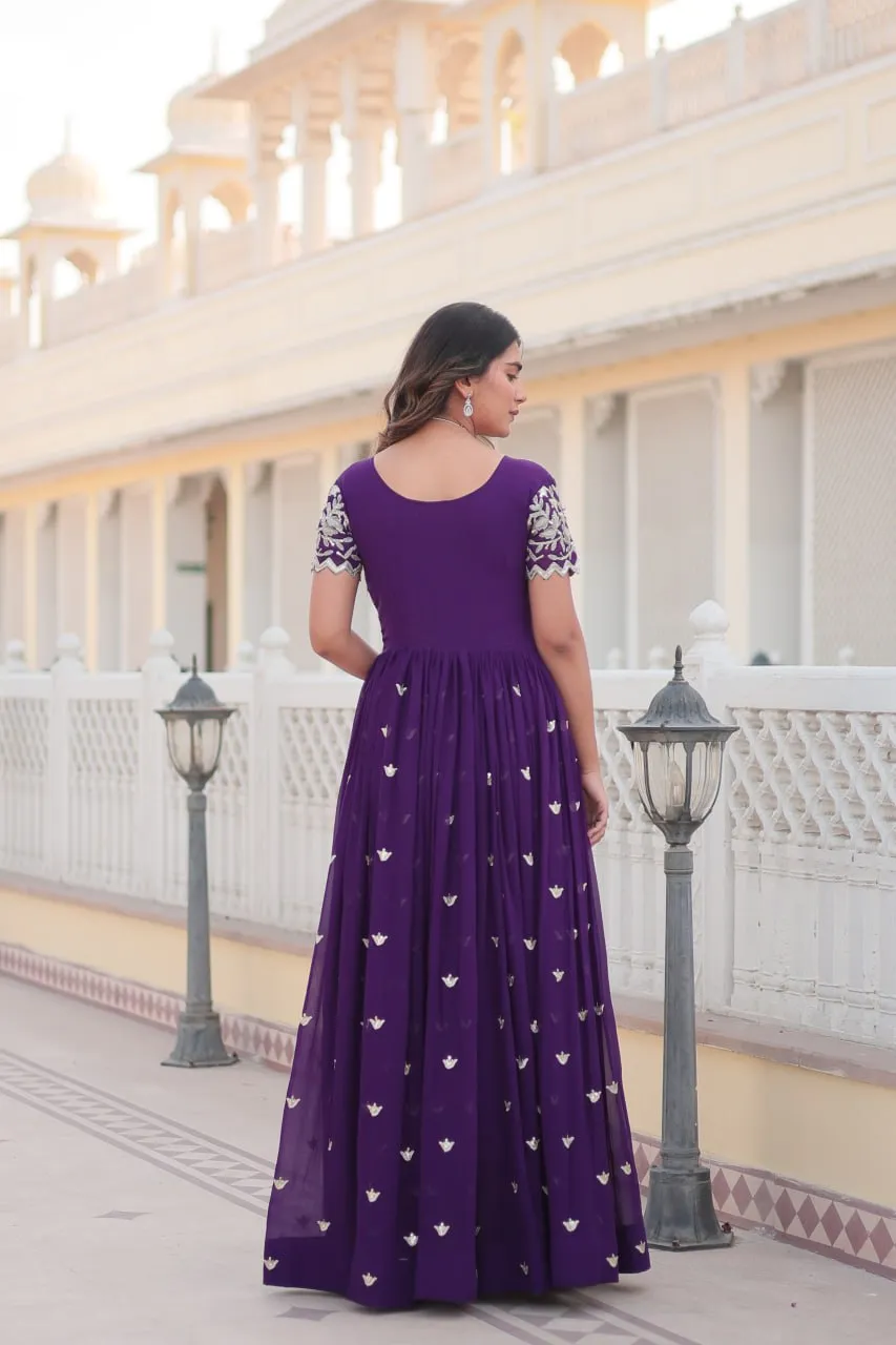 Purple Faux Blooming Sequin Ready to Wear Embroidered Gown