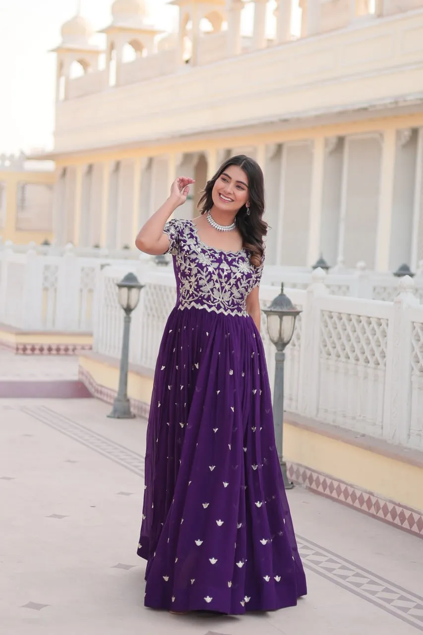 Purple Faux Blooming Sequin Ready to Wear Embroidered Gown