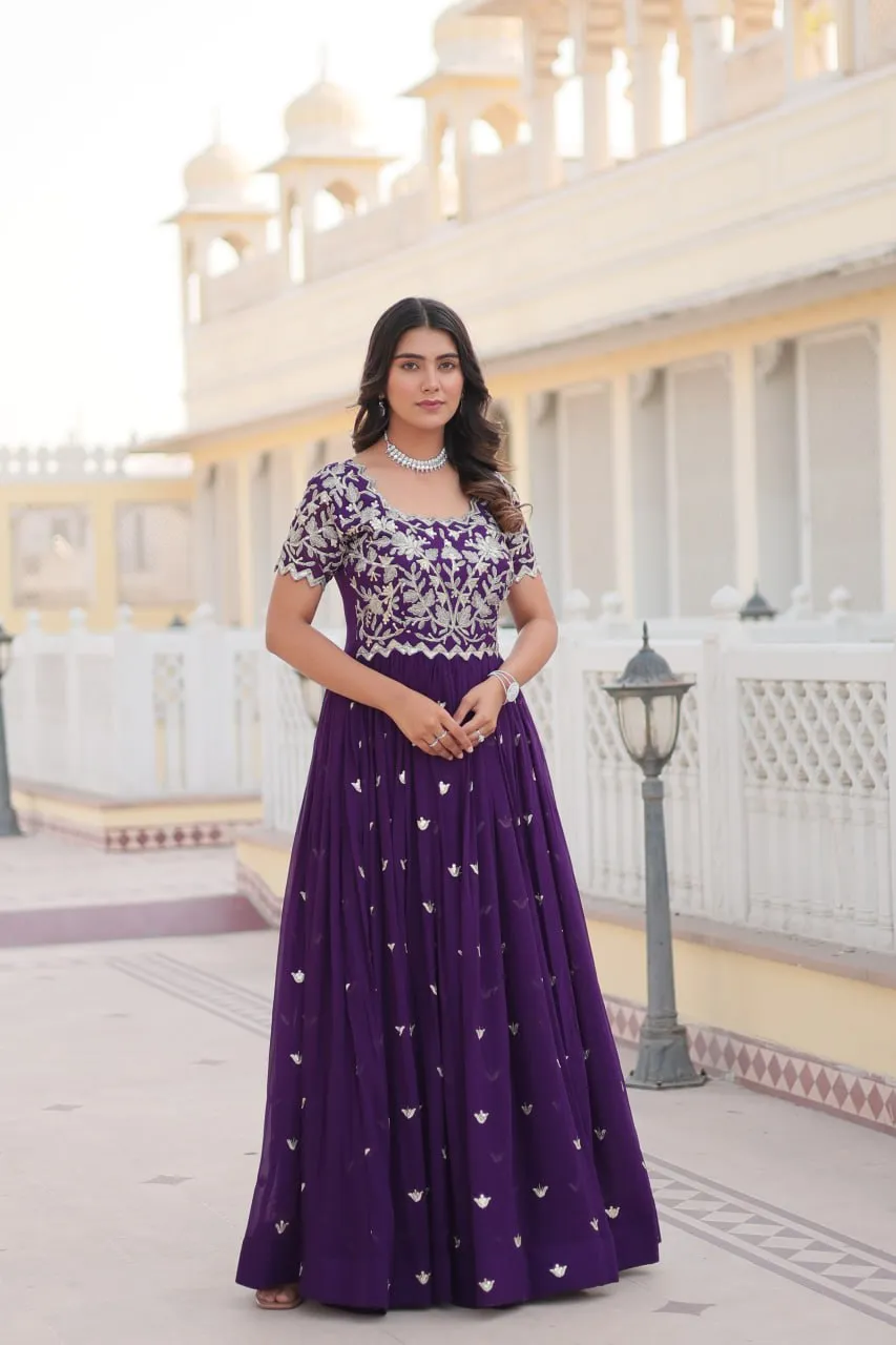 Purple Faux Blooming Sequin Ready to Wear Embroidered Gown