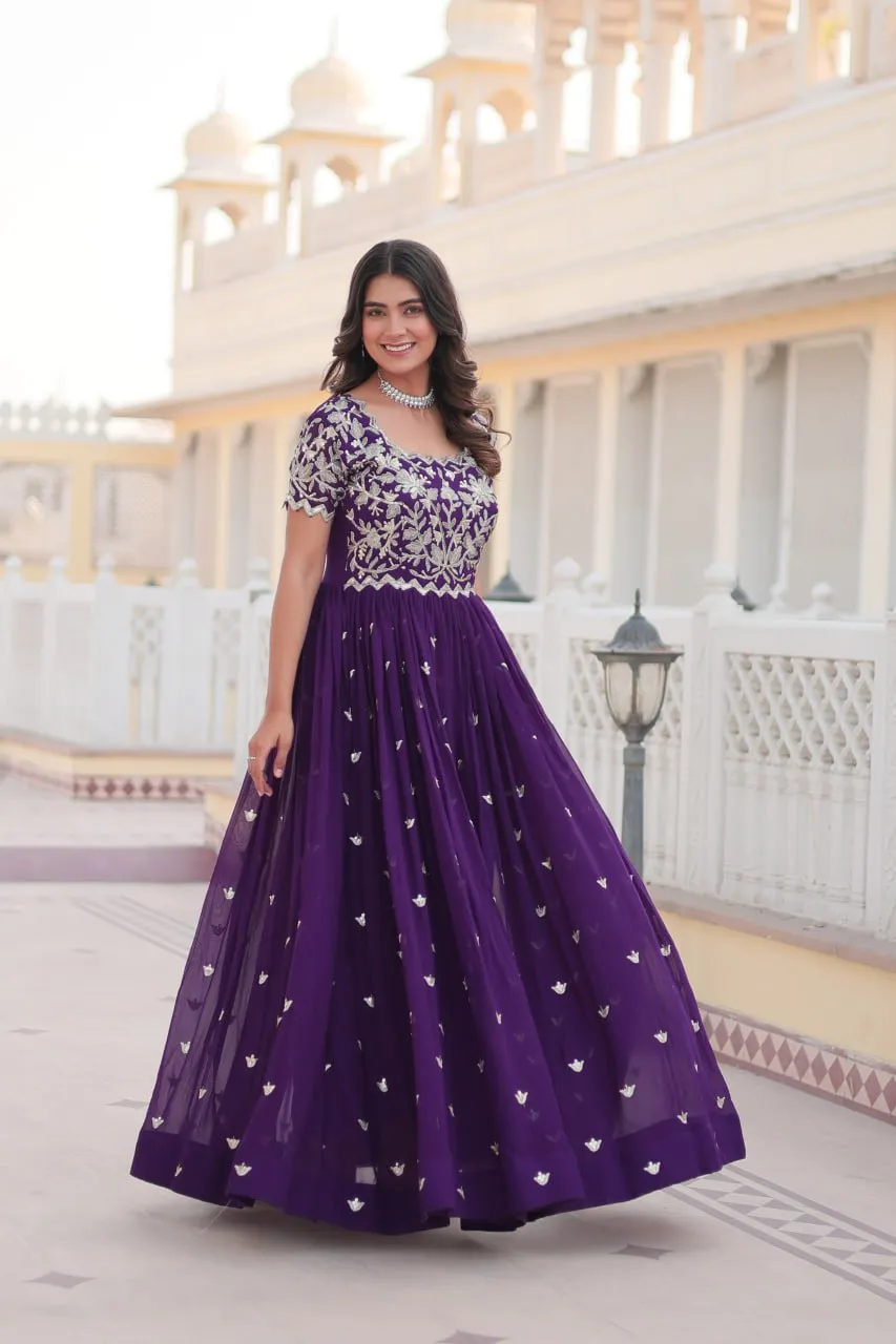 Purple Faux Blooming Sequin Ready to Wear Embroidered Gown