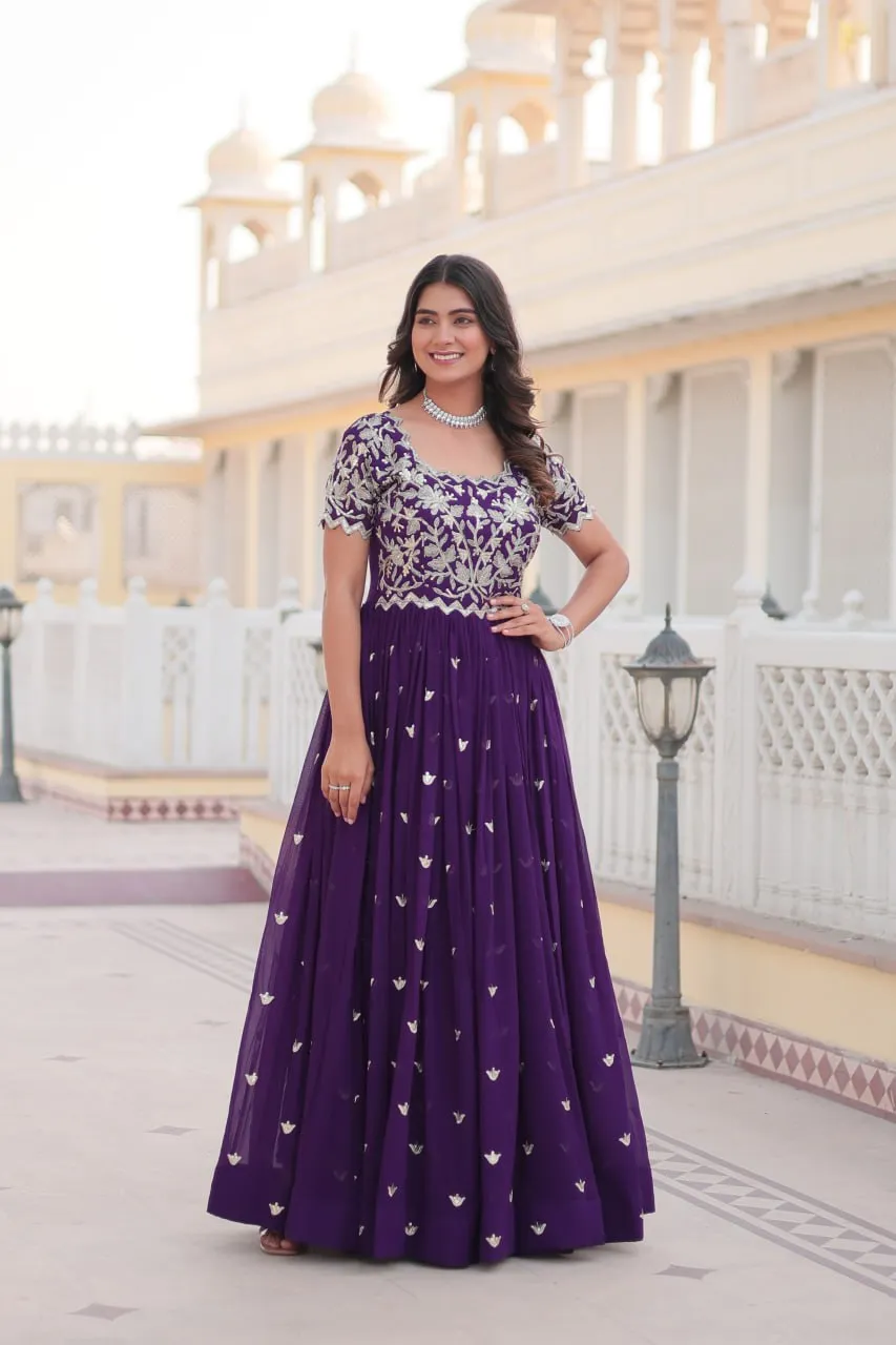 Purple Faux Blooming Sequin Ready to Wear Embroidered Gown