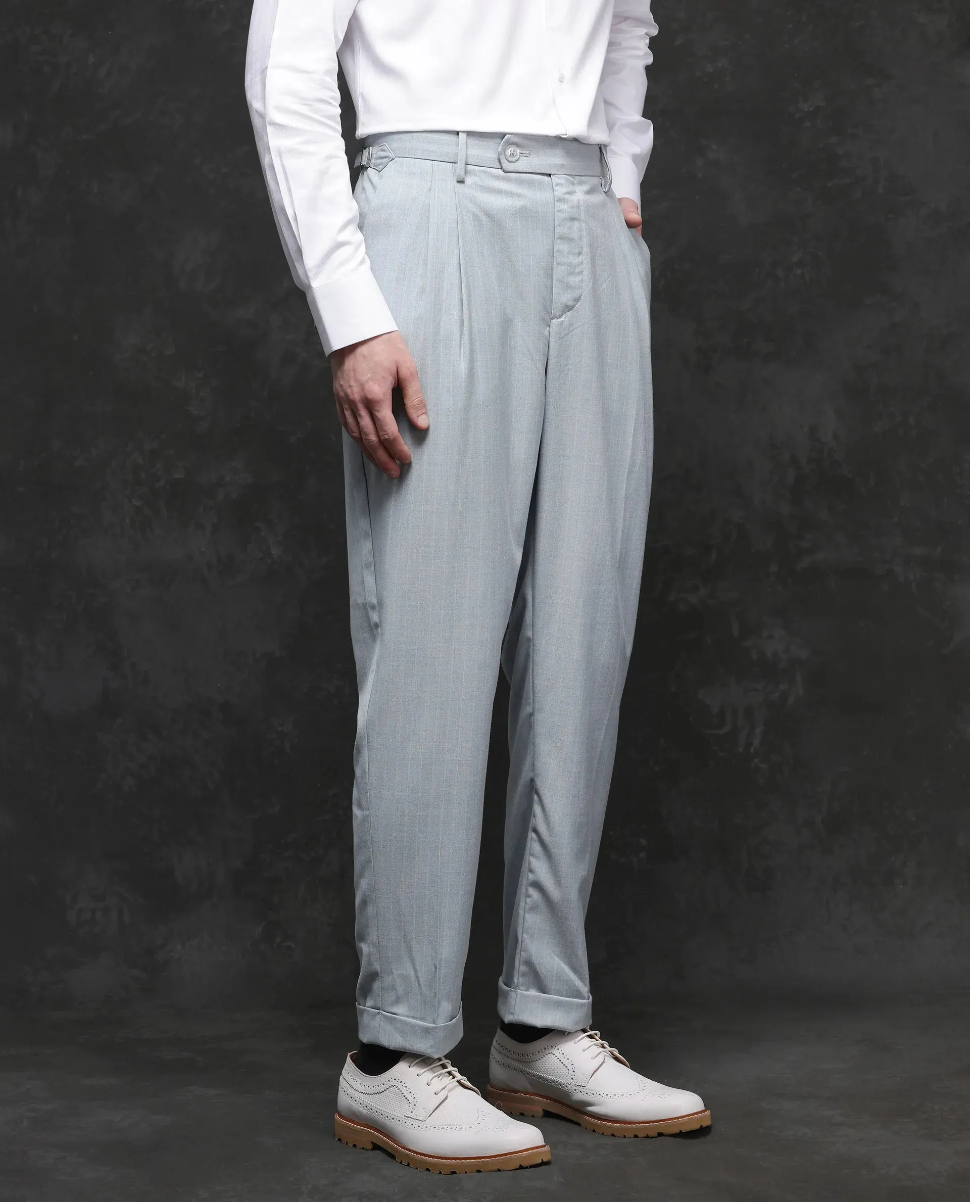 Rare Rabbit Men Amosy Light Blue Cotton Button Closure Relaxed Fit Striped Business Trouser