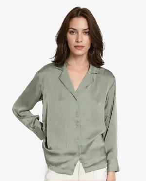 Rareism Women Chant Light Green Polyester Fabric Cuffed Sleeves Lapel Neck Plain Shirt