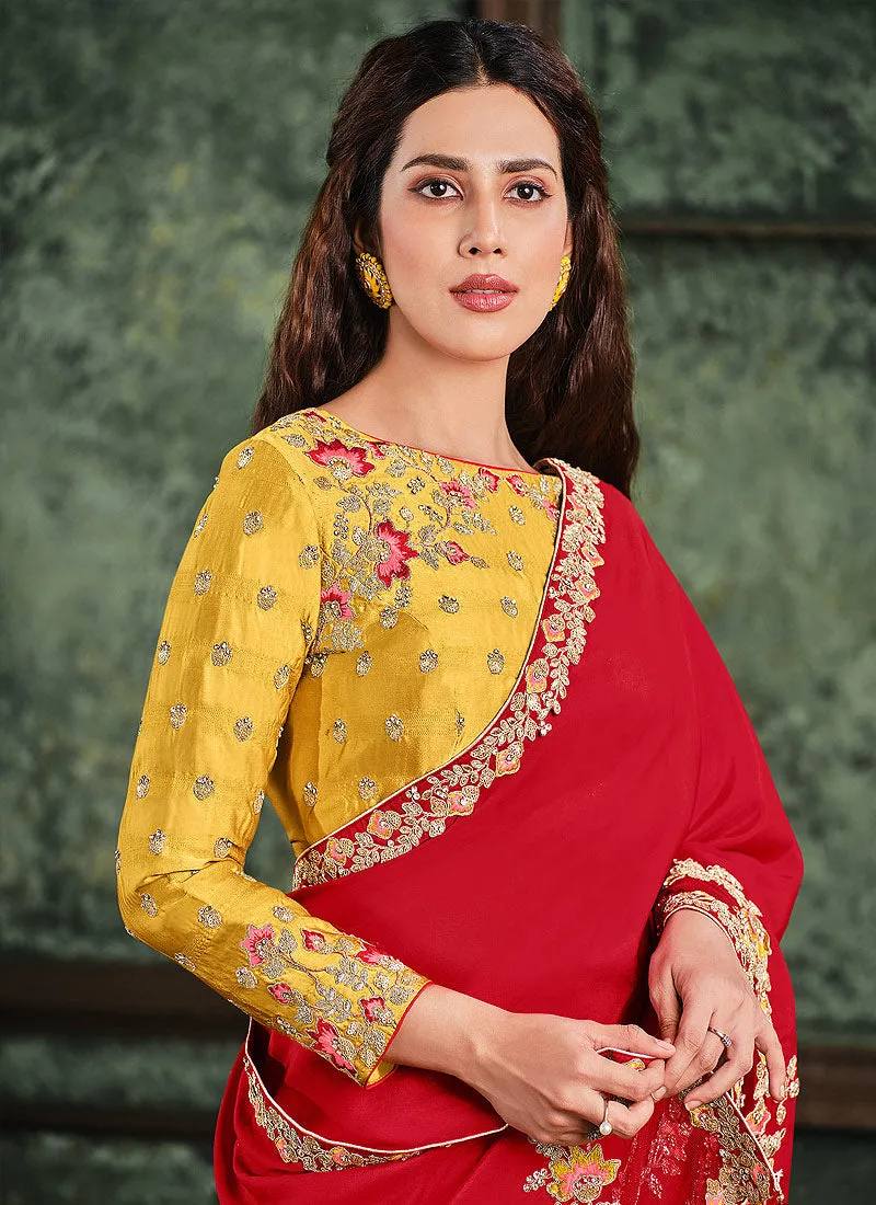 Red And Yellow Multi Embroidered Designer Saree