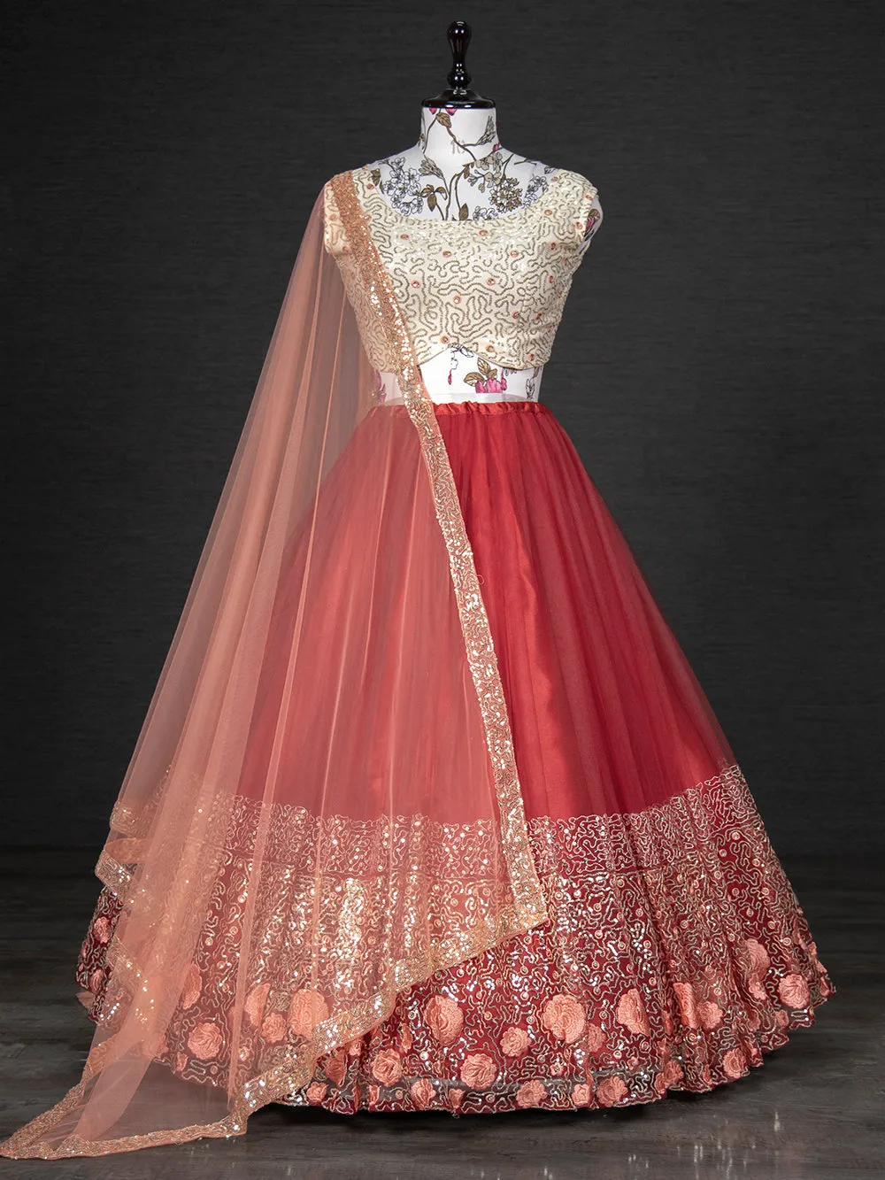 Red Color Sequins Embroidery Work Net Lehenga Choli With Dupatta