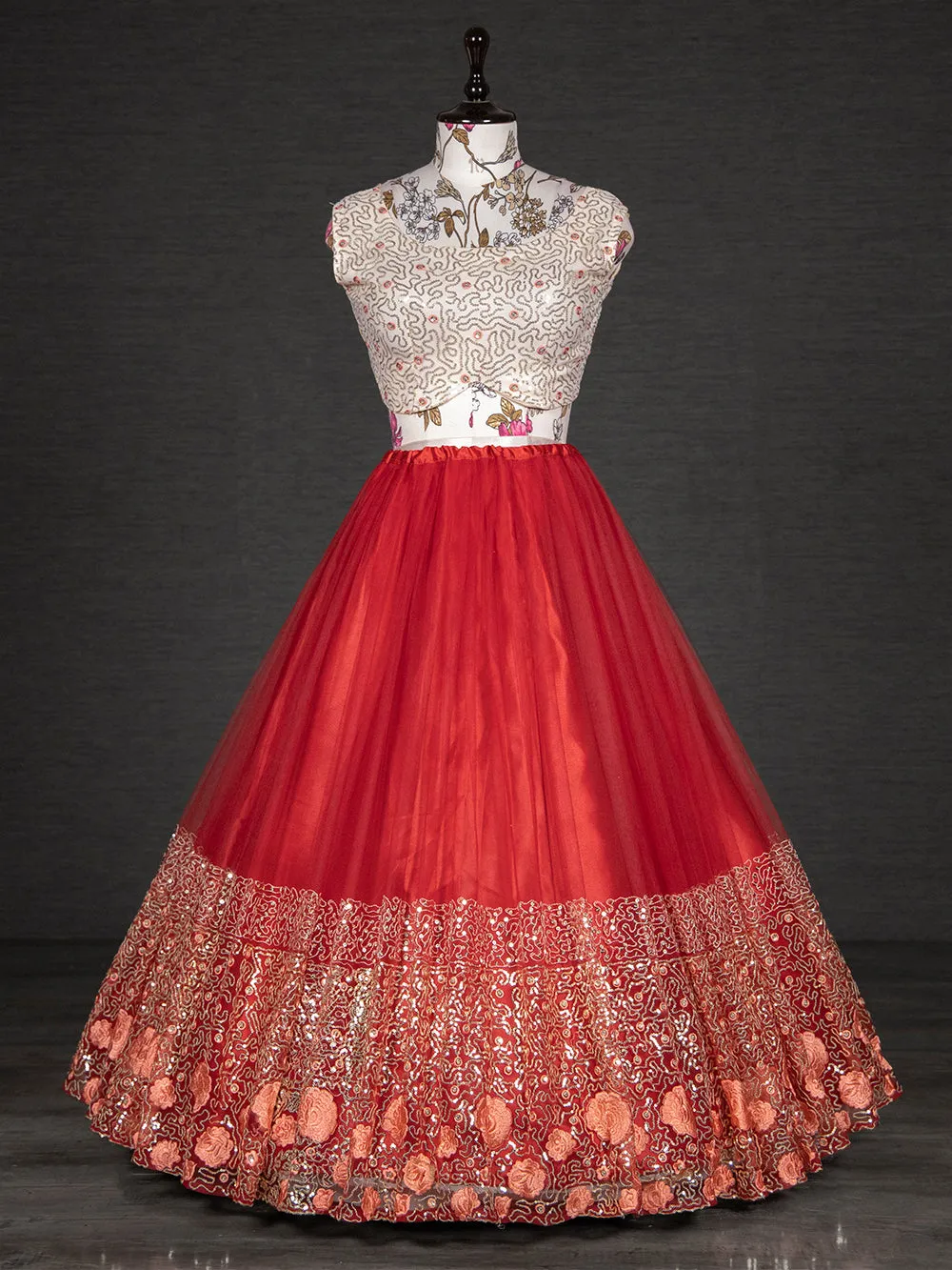 Red Color Sequins Embroidery Work Net Lehenga Choli With Dupatta