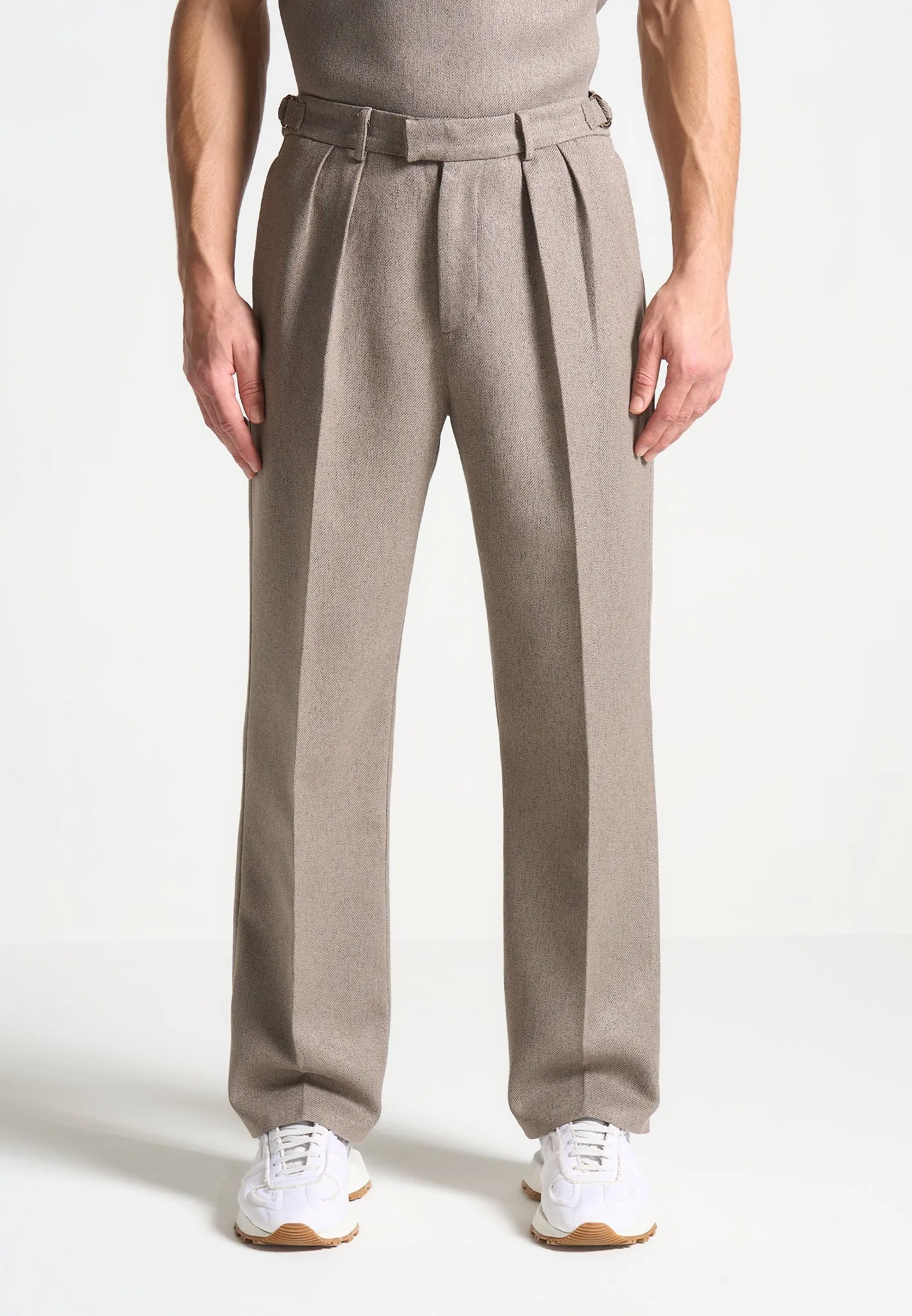 Relaxed Fit Textured Pleated Tailored Trousers - Taupe