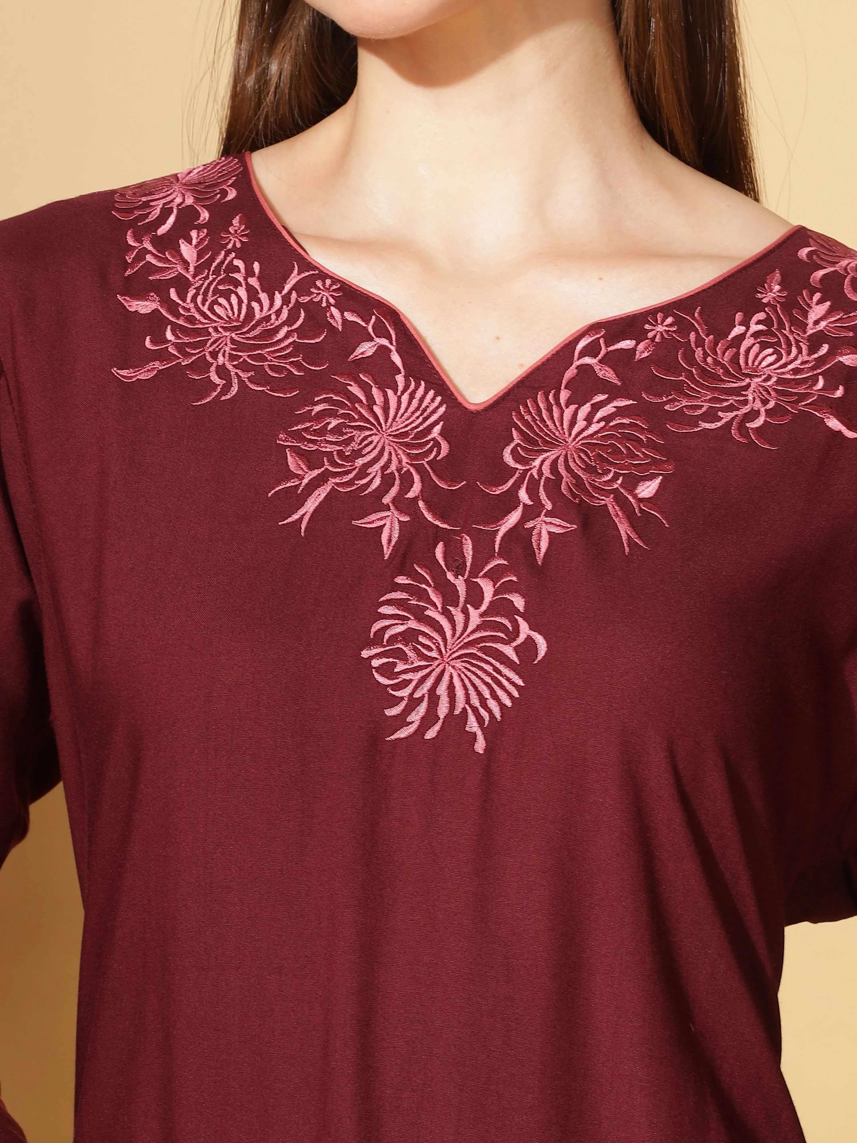 Ruby Red Rayon Nighty with Intricate Neck Embroidery