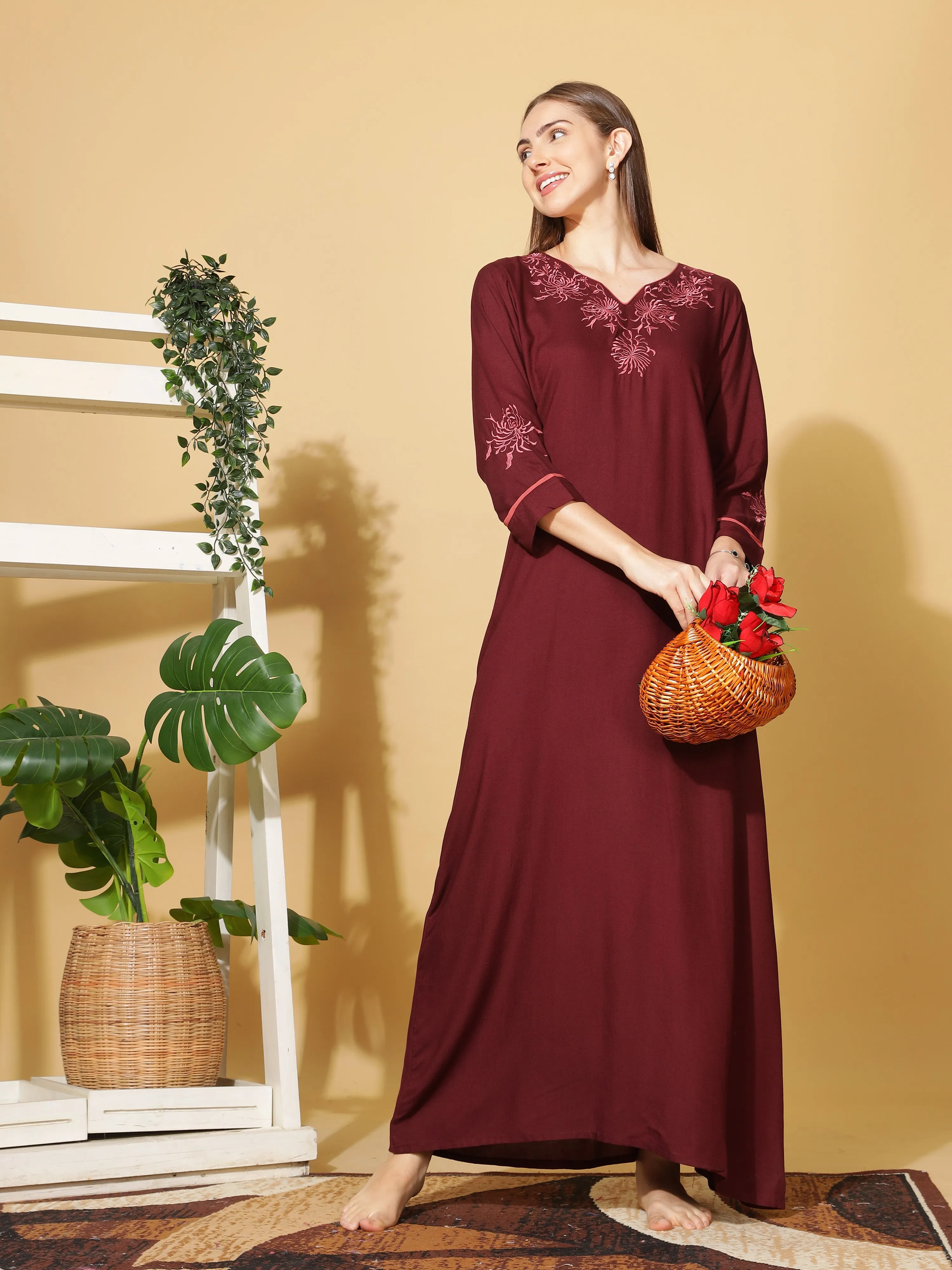 Ruby Red Rayon Nighty with Intricate Neck Embroidery