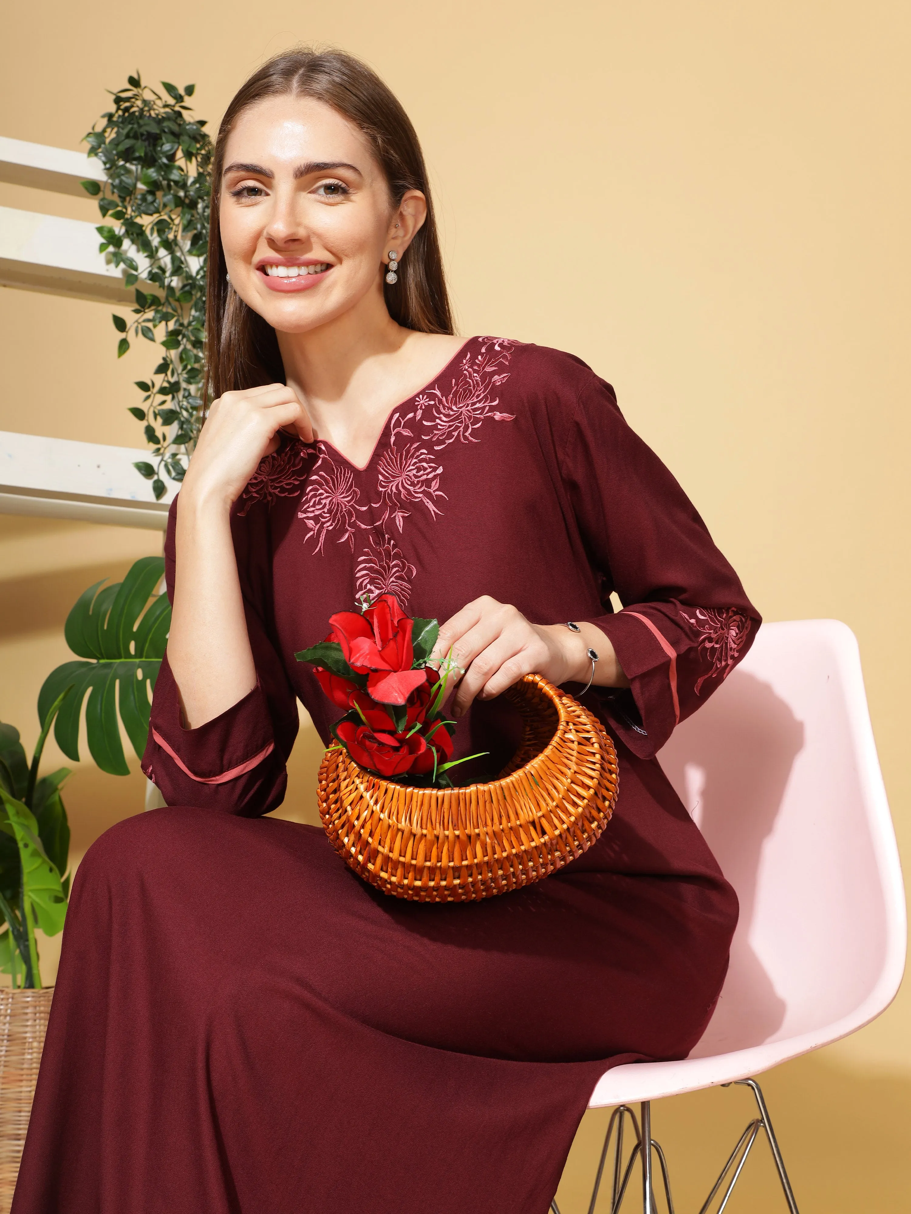 Ruby Red Rayon Nighty with Intricate Neck Embroidery