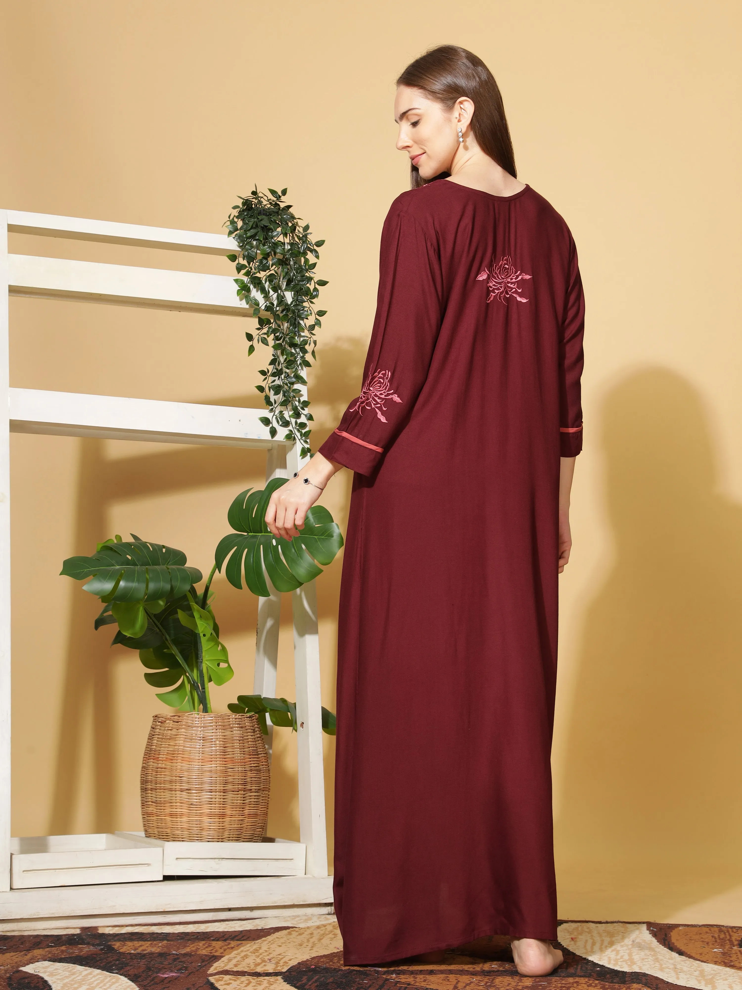 Ruby Red Rayon Nighty with Intricate Neck Embroidery