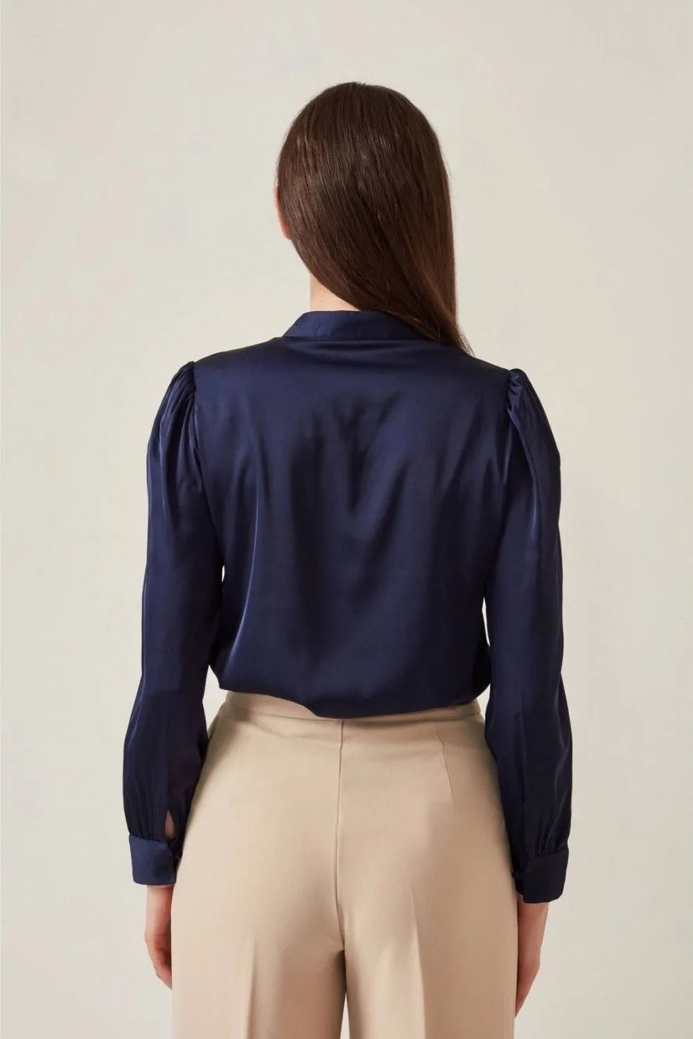 Satin Navy Blue Full Sleeve Top