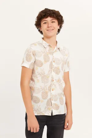 Senior Boys White And Beige Printed Shirt