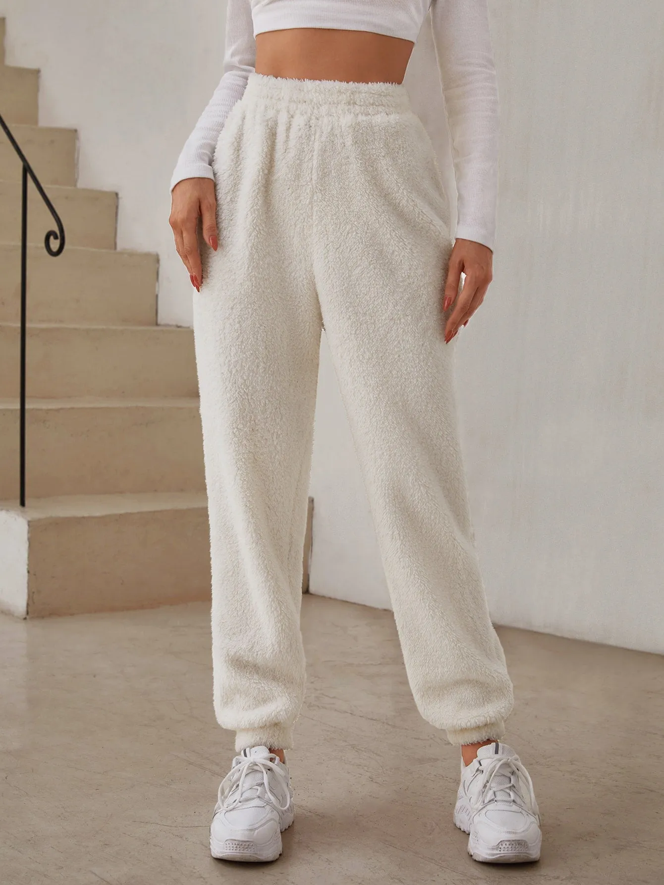 SHEIN EZwear Elastic Waist Solid Teddy Pants