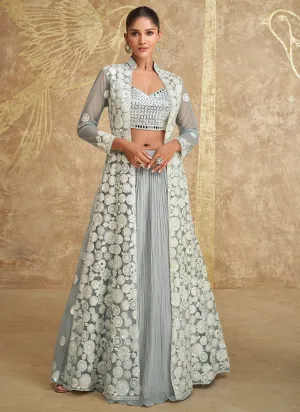 Soft Grey Embroidered Jacket Style Lehenga Choli