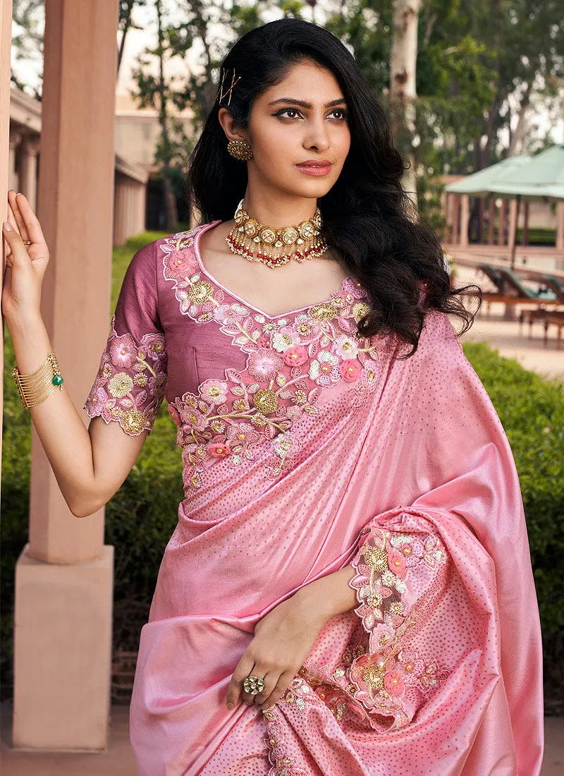 Soft Pink Two Tone Embroidered Indian Silk Saree