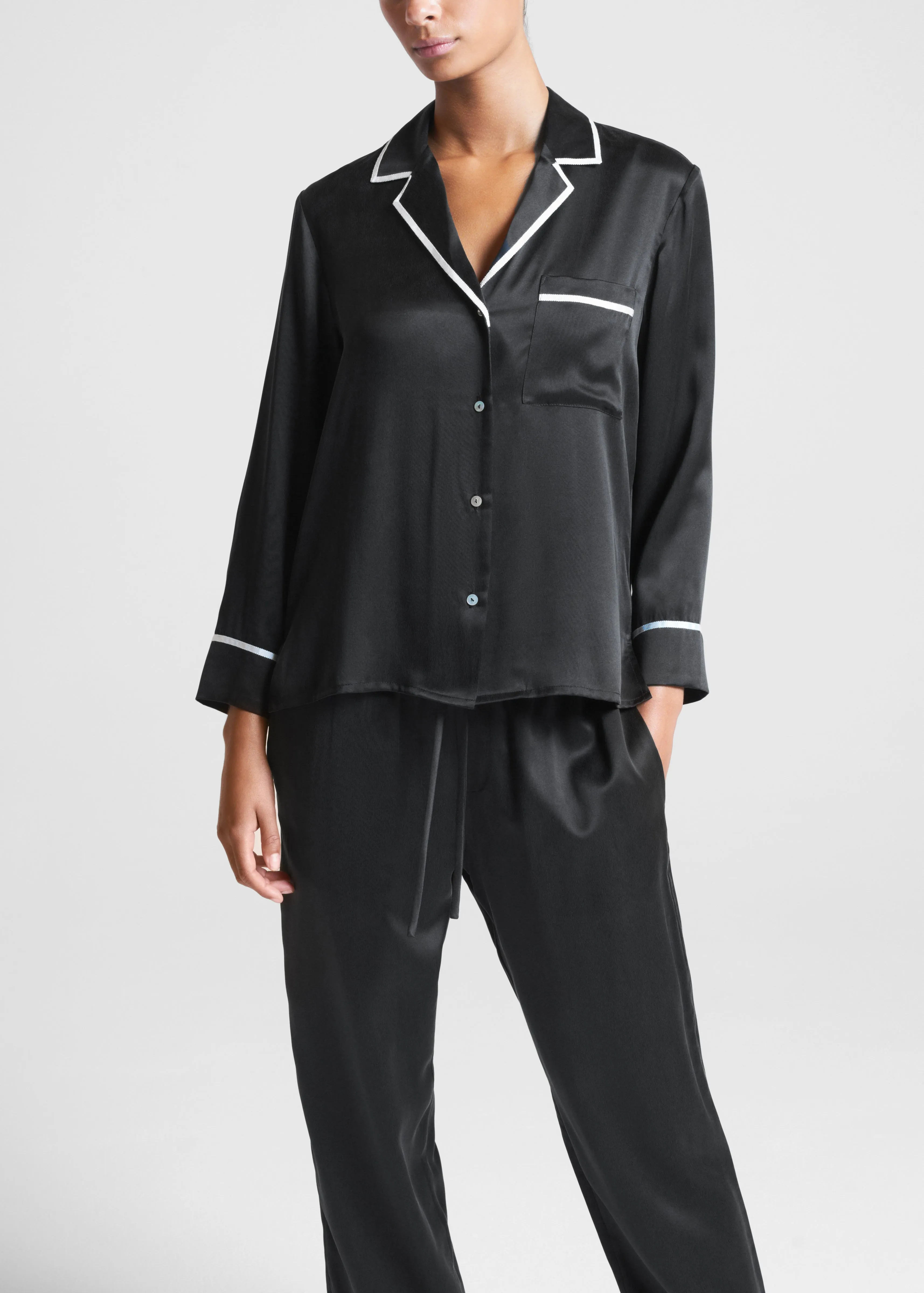 Sydney Cropped Pyjama Top Black Ecru Edged Silk