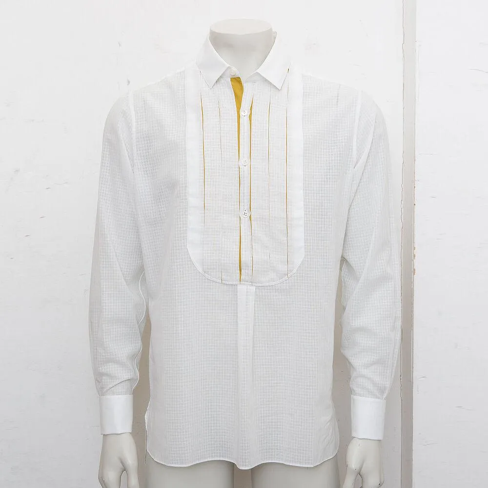 Tonal White Check Shirt With Pleated Bib Detail