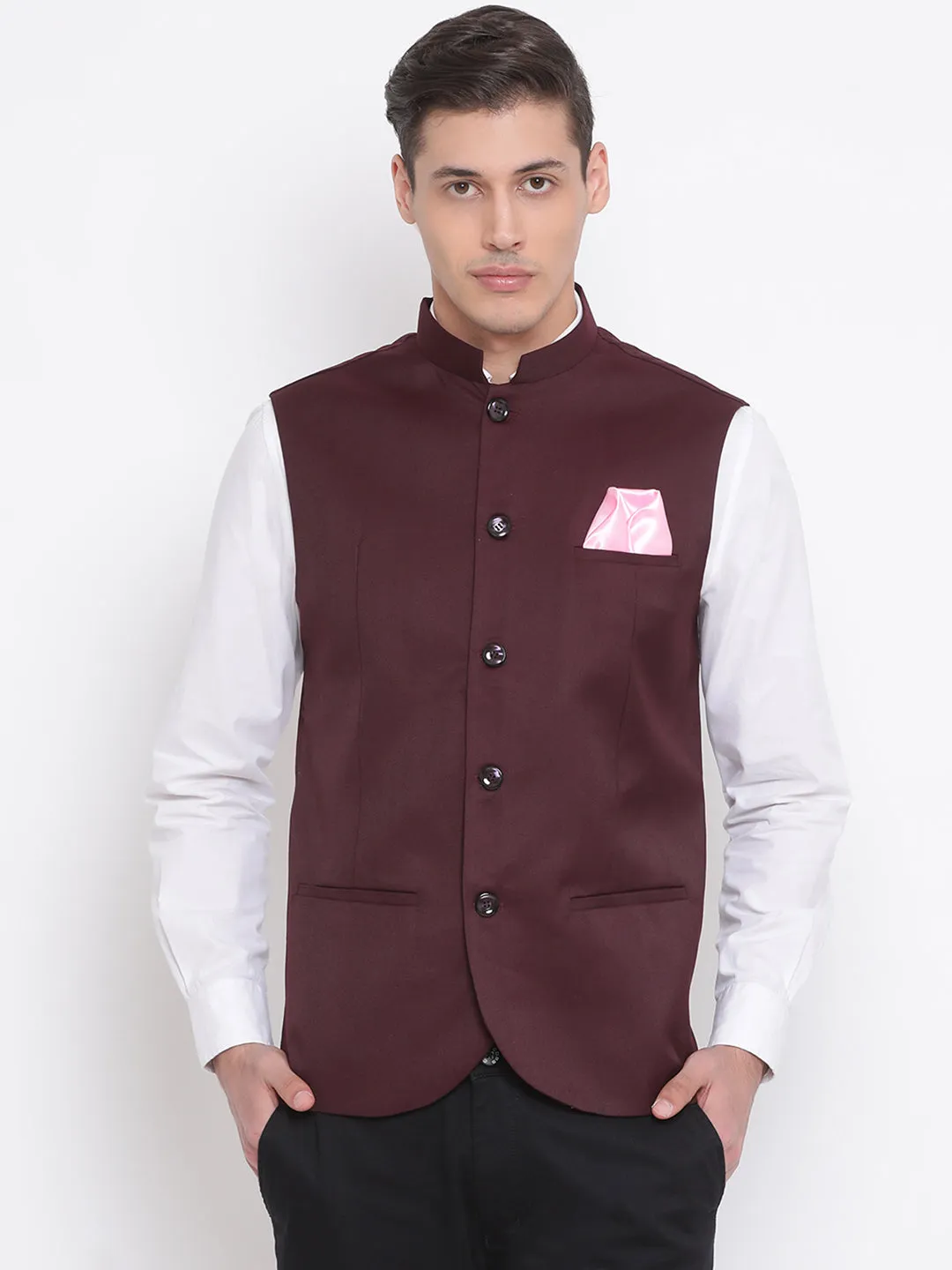 VASTRAMAY Maroon Nehru Jacket - Cotton Blend