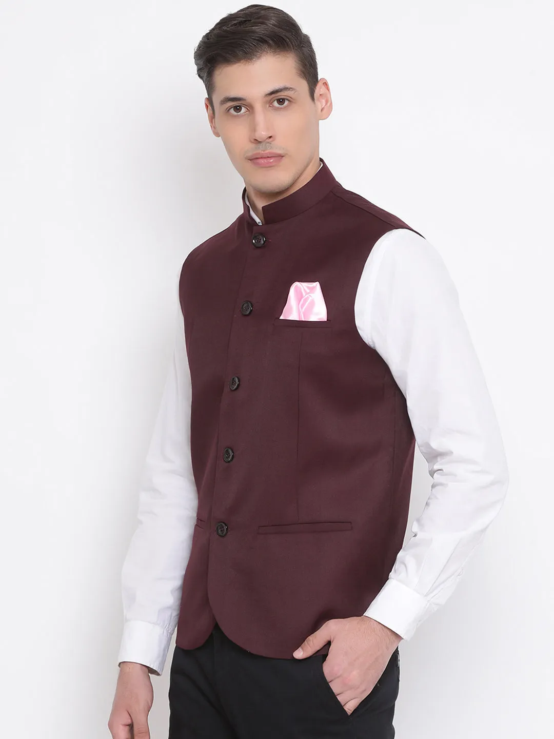 VASTRAMAY Maroon Nehru Jacket - Cotton Blend