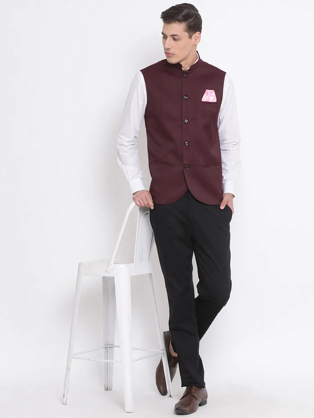 VASTRAMAY Maroon Nehru Jacket - Cotton Blend