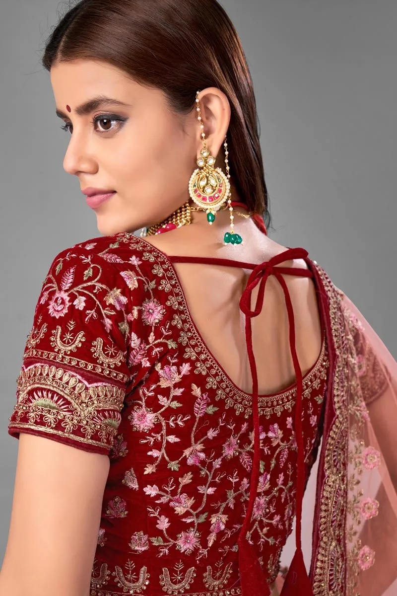 Wedding Wear Maroon Color Thread Embroidered Lehenga Choli In Velvet Fabric