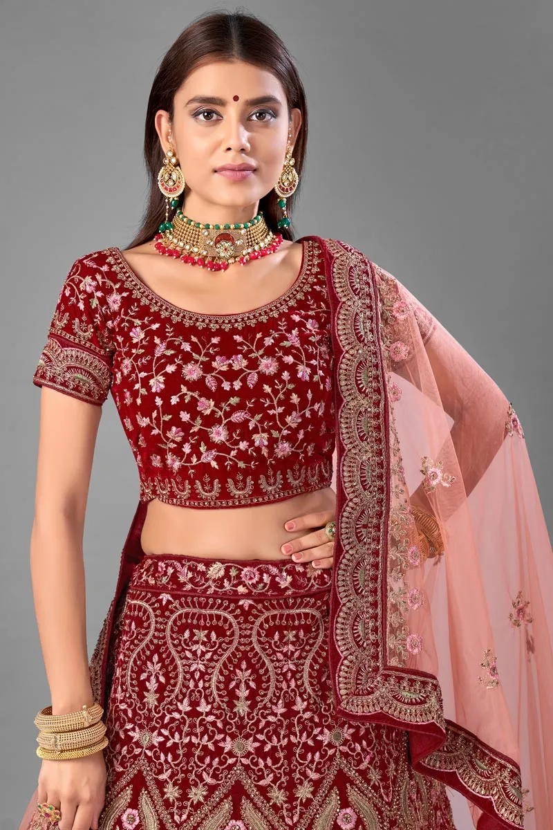 Wedding Wear Maroon Color Thread Embroidered Lehenga Choli In Velvet Fabric