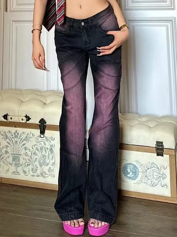 Wenkouban Ombre Purple Y2K Low Waist Slim Flare Jeans