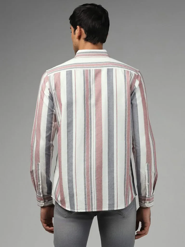 WES Casuals Off White Striped Cotton Slim-Fit Shirt