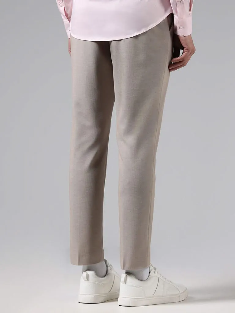 WES Formals Solid Beige Slim-Fit Mid-Rise Trousers