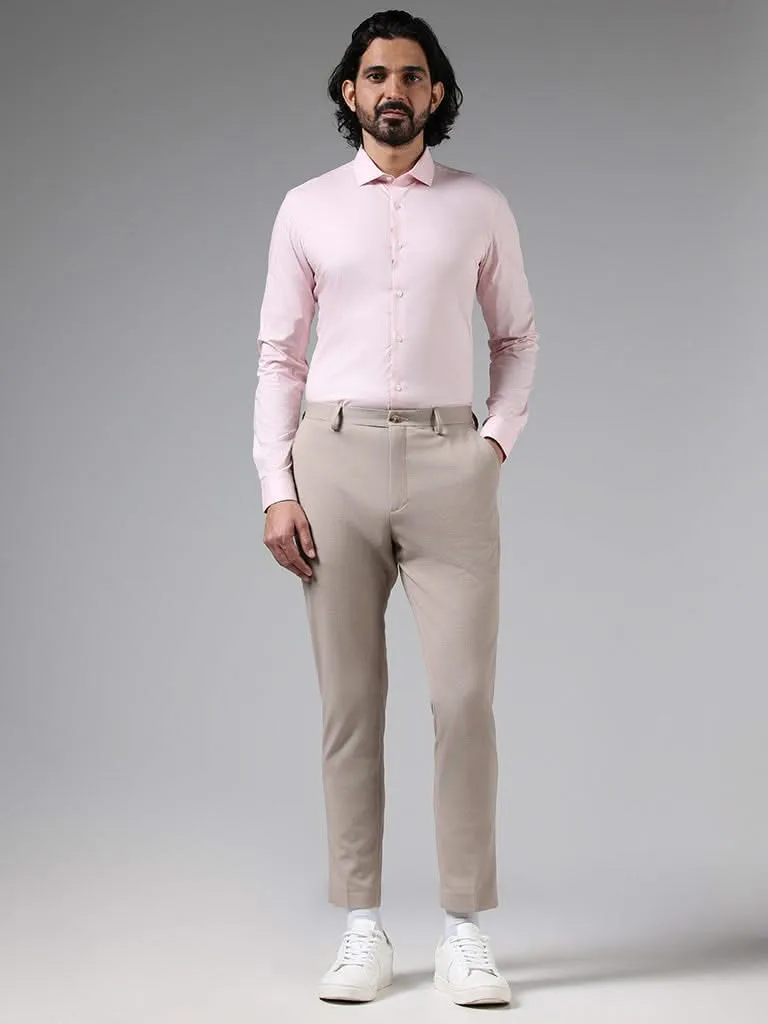 WES Formals Solid Beige Slim-Fit Mid-Rise Trousers