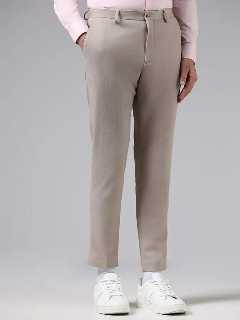 WES Formals Solid Beige Slim-Fit Mid-Rise Trousers