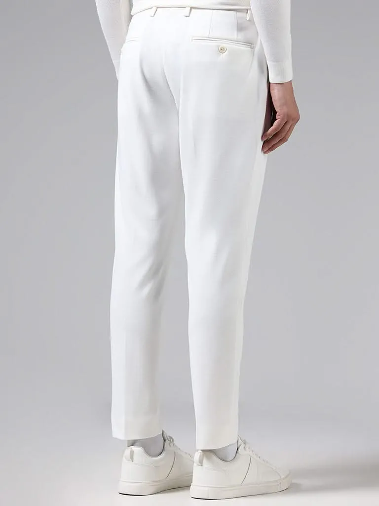 WES Formals Solid Off White Slim-Fit Mid-Rise Trousers