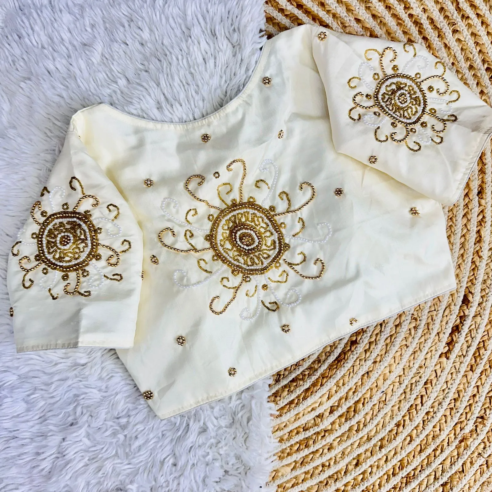 White Golden Handcrafted Makhana Silk Blouse with White Pearl Accents