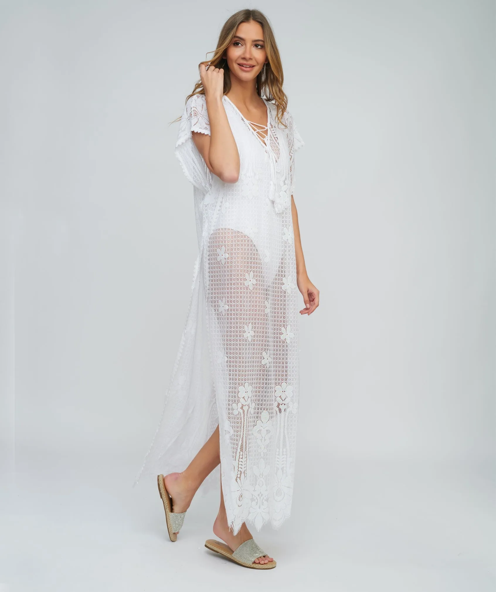 White Lace Maxi Coverup with Floral Embroidery and Side Splits