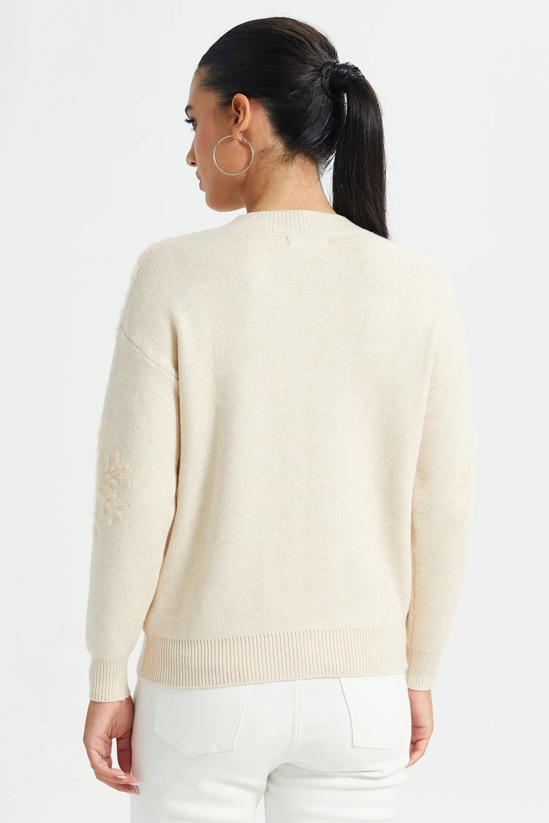 Women Beige Deer Print Pullover