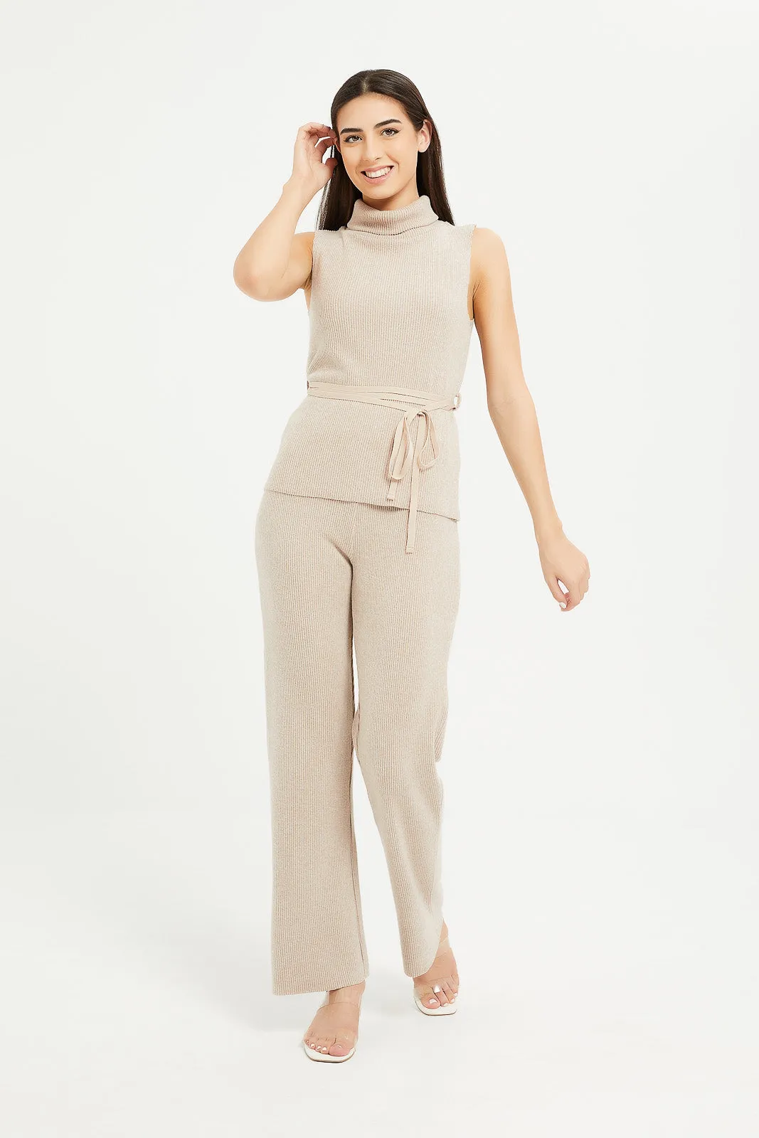 Women Beige Elasticated Waist Rib Wide Leg Trouser