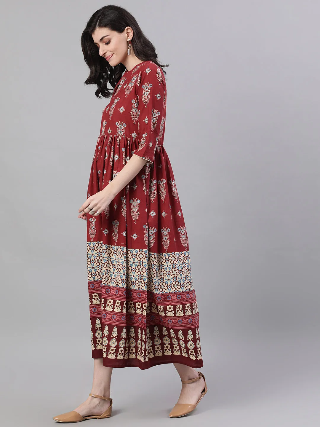 Women Maroon Ethnic Motifs Printed Mandarin Collar Cotton Maxi Dress