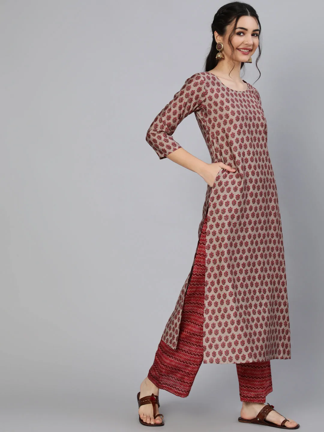 Women Maroon Ethnic Printed Kurta & Palazzo With Dupatta