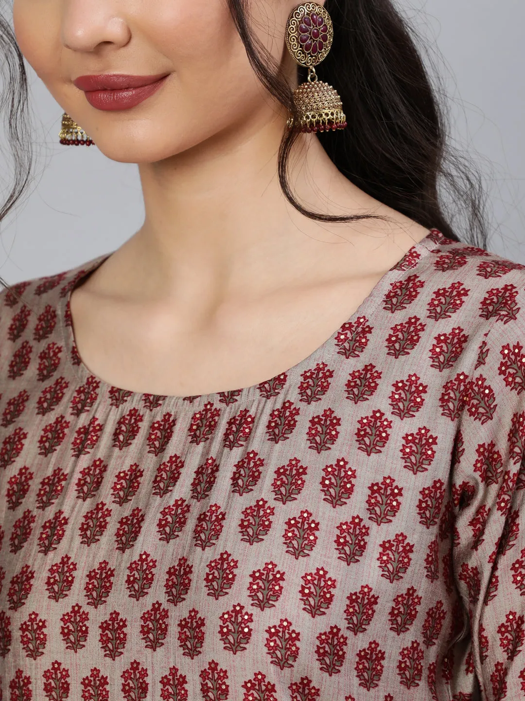 Women Maroon Ethnic Printed Kurta & Palazzo With Dupatta