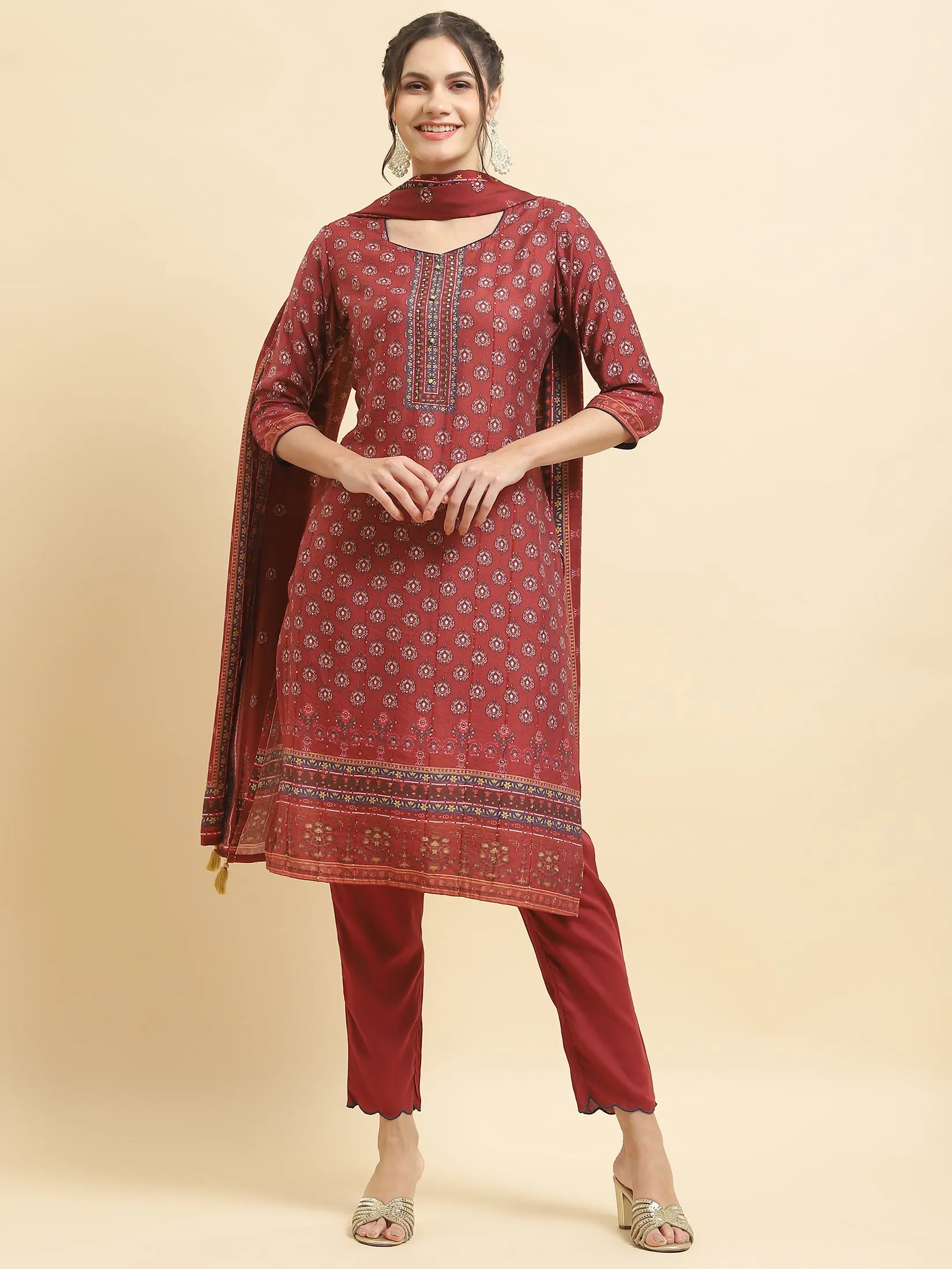 Women Muslin Maroon Floral Print Kurta Trouser Dupatta