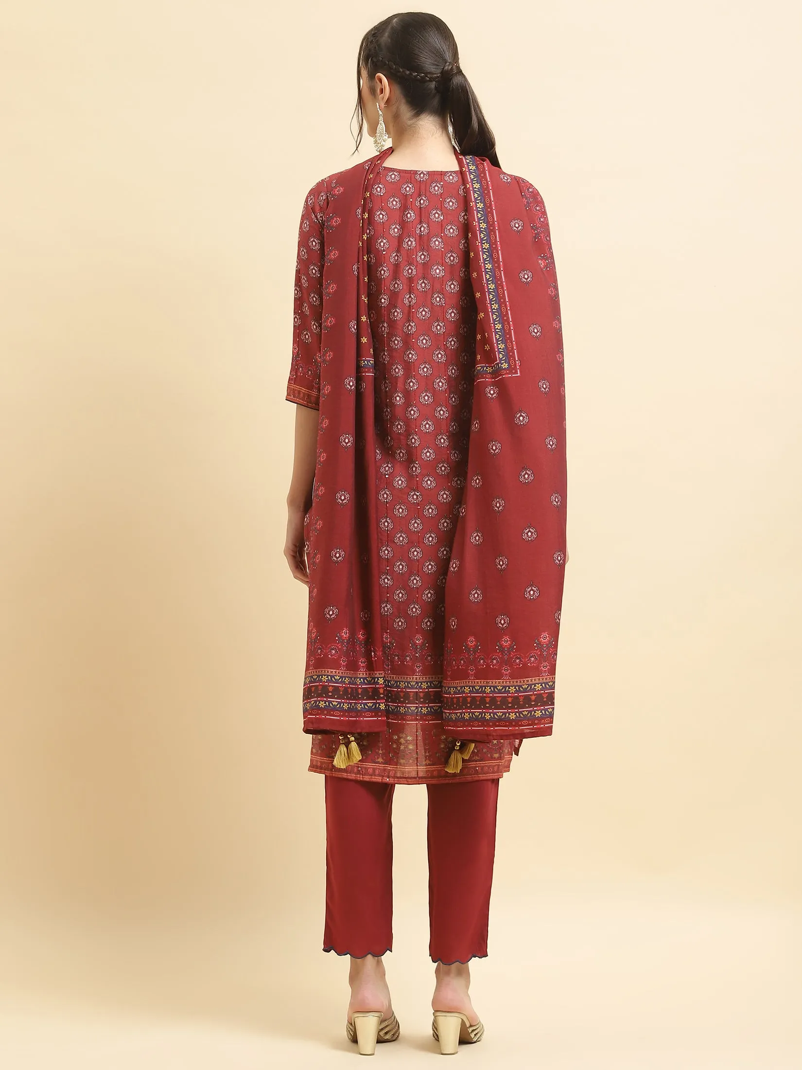 Women Muslin Maroon Floral Print Kurta Trouser Dupatta