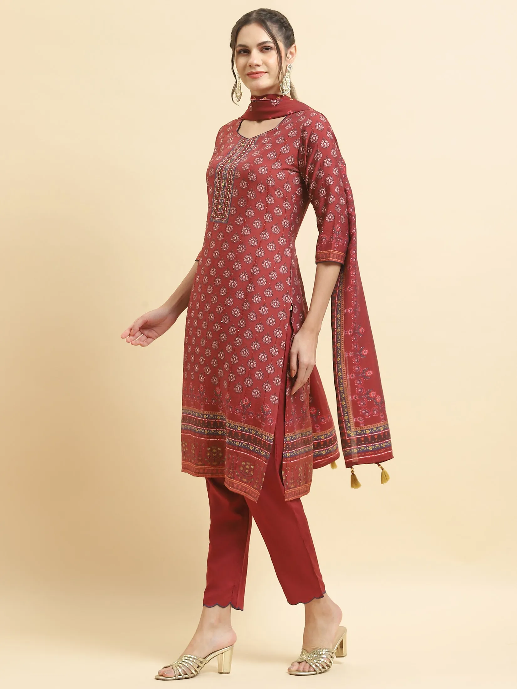 Women Muslin Maroon Floral Print Kurta Trouser Dupatta